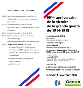 invitation à la cérémonie du 99ème anniversaire de l'Armistice de la Guerre de 14-18